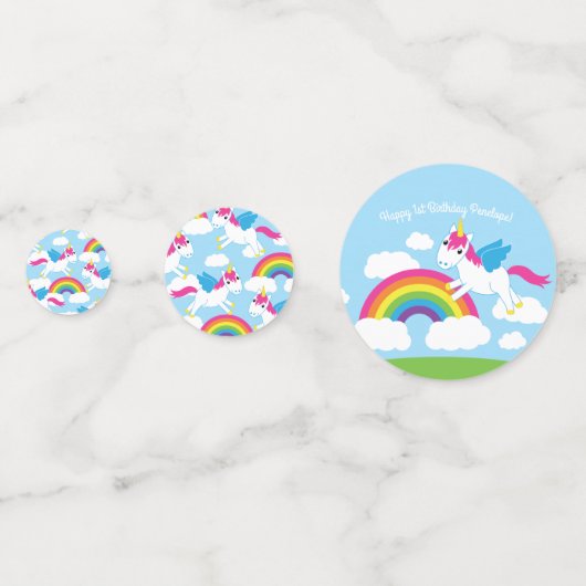 ユニコーン&レインボウズかわいい1st誕生日パーティーテーマ コンフェッティ (裏面)
