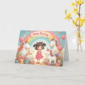 ユニコーン&レインボーと女の子誕生日 カード (黄色い花)