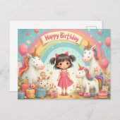 ユニコーン&レインボーと女の子誕生日 シーズンポストカード (正面/裏面)