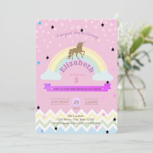 ユニコーン,レインボースターズ,ジグザグ誕生日招待状 招待状 (スタンド正面)