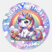 ユニコーン&レインボーパーソナライズされた誕生日ガール ラウンドシール (正面)
