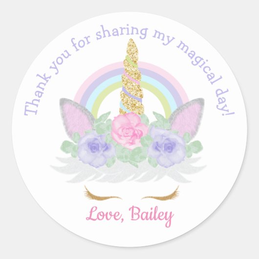 ユニコーン&レインボーピンクパープルウォーター誕生日 ラウンドシール (正面)