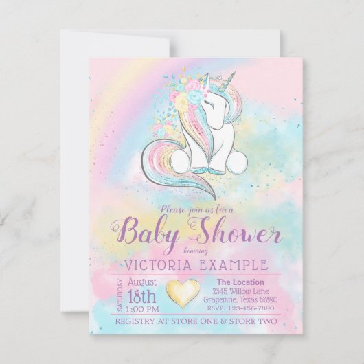 ユニコーン レインボー ガール ベビーシャワー 招待状 (正面)