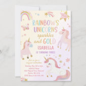 ユニコーン レインボー スパークル ゴールド バースデー 招待状 (正面)