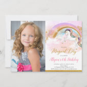 ユニコーン レインボー ピンク ゴールド パステル 誕生日 写真 招待状 (正面)