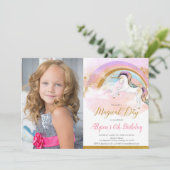 ユニコーン レインボー ピンク ゴールド パステル 誕生日 写真 招待状 (スタンド正面)