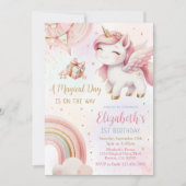 ユニコーン レインボー ピンク ゴールド パステル 誕生日 招待状 (正面)