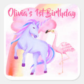 ユニコーン レインボー フラミンゴ 女の子の1歳の誕生日 スクエアシール (正面)