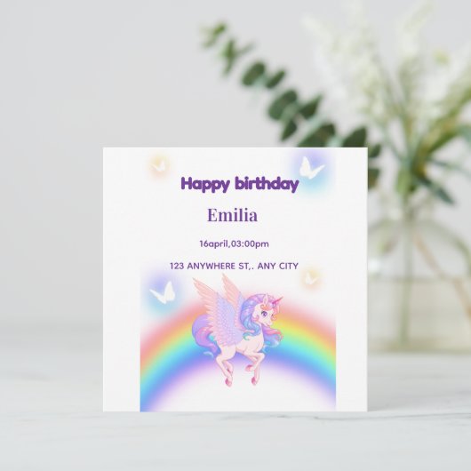 ユニコーン レインボー 誕生日 招待状 フラットカード (スタンド正面)