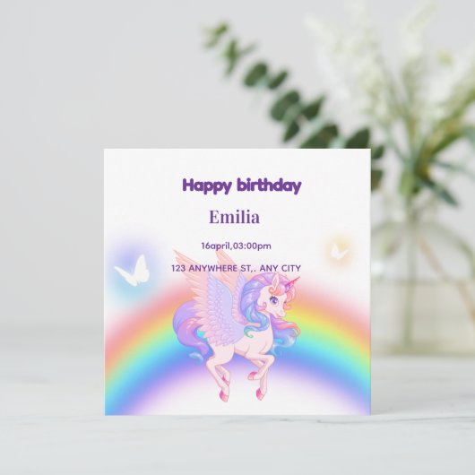 ユニコーン レインボー 誕生日 招待状 フラットカード (スタンド正面)