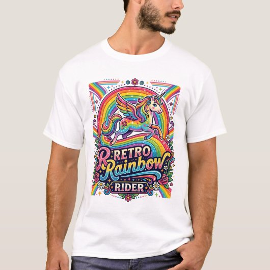 ユニコーン レトロ レインボー ライダー Tシャツ (正面)