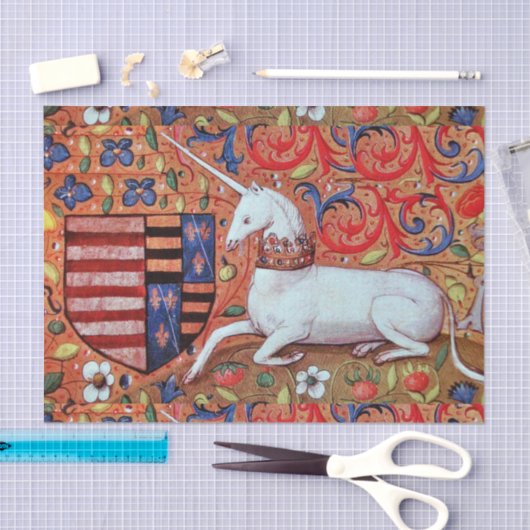 ユニコーン,中世のファンタジーの花,フローラの渦巻き 薄葉紙 (クラフト)