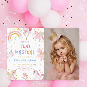 ユニコーン 二つ 魔法の パステル 2歳 誕生日 写真 招待状