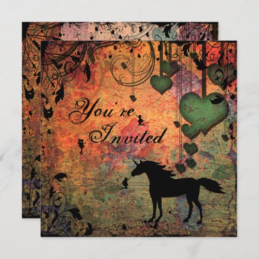ユニコーン,妖精とハートフォレスト誕生日招待状 招待状 (正面/裏面)