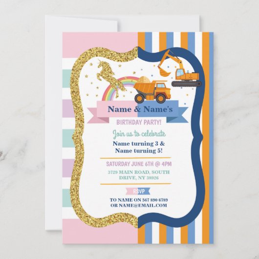 ユニコーン&建築ジョインボーイガール誕生日 招待状 (正面)