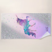 ユニコーン，星，シルバーグリッター《写真》ぼけ味- パーソナライズされた ビーチタオル (正面)