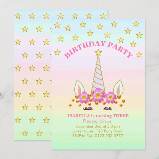 ユニコーン、星、花とコンフェッティの誕生日 招待状 (正面/裏面)