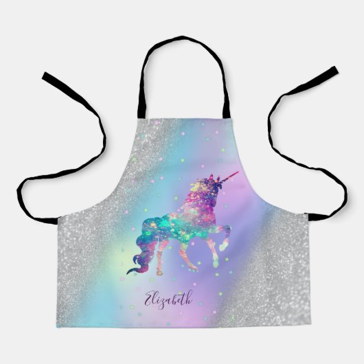 ユニコーン 星 銀のギラギラボケホログラム エプロン (正面)