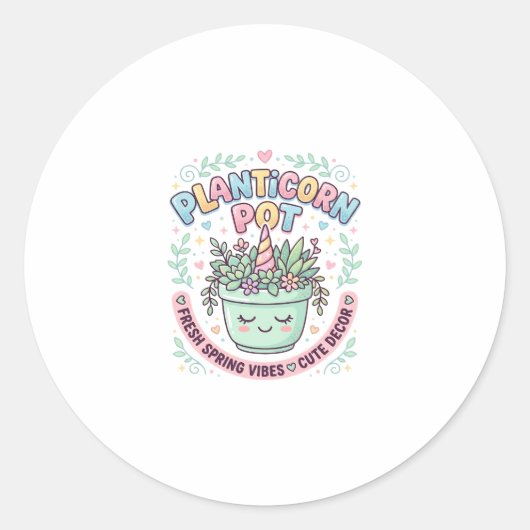 ユニコーン 植木鉢 グラフィックデザインTシャツ ラウンドシール (正面)
