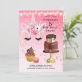 ユニコーン 水彩 ピンク ゴールド グリッター 5歳 誕生日 招待状 (スタンド正面)