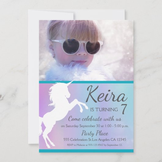 ユニコーン、綿飴の色、カスタム写真招待状 招待状 (正面)