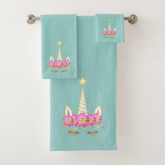 ユニコーン,花と金ゴールド紙吹雪オンターコイズ バスタオルセット (インサイチュ)