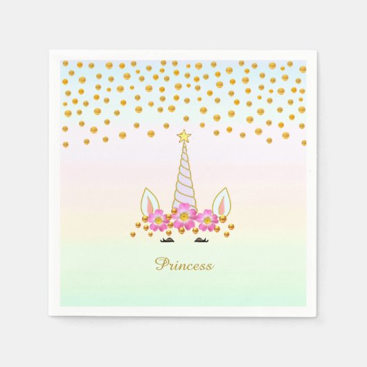 ユニコーン、花と金ゴールド紙吹雪 スタンダードカクテルナプキン (正面)