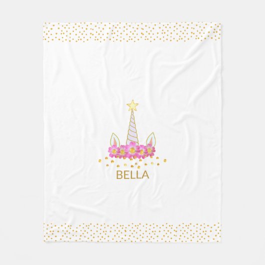 ユニコーン,花と金色の紙吹雪の上に白いフリース フリースブランケット (正面)