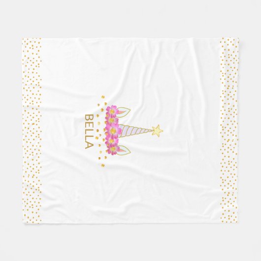 ユニコーン,花と金色の紙吹雪の上に白いフリース フリースブランケット (正面(横))