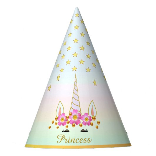 ユニコーン、花、星とゴールドの紙吹雪 パーティーハット (正面)