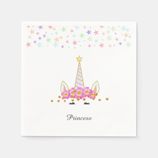 ユニコーン 花 星 金色の紙吹雪 誕生日 スタンダードカクテルナプキン (正面)