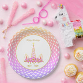 ユニコーン、花、金の飾りがパステルカラーの背景に散らばる ペーパープレート (パーティー)