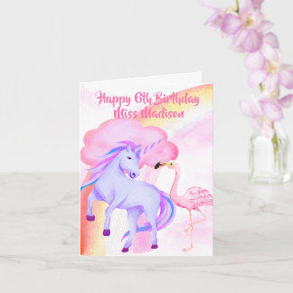 ユニコーン 虹 フラミンゴ 女子 6歳の誕生日 カード