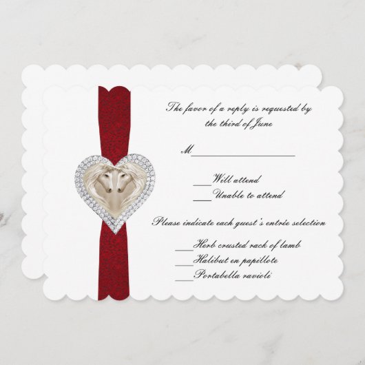 ユニコーン 赤いレース 結婚式 返信カード 招待状 (正面/裏面)