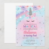 ユニコーン 青 ピンク 紫 銀 誕生日 招待状 (正面/裏面)