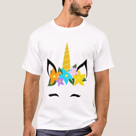 ユニコーン+顔+まつげ+スマイル+かわいい+花+花輪+ヘアアクセ Tシャツ (正面)