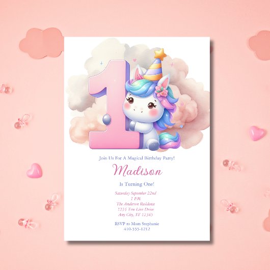 ユニコーン 1歳の誕生日 お姫様 ピンク ブルー パープル 招待状