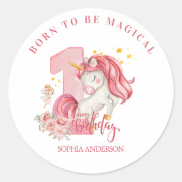 ユニコーン 1歳の誕生日 パステルピンクの小さな女の子 ラウンドシール