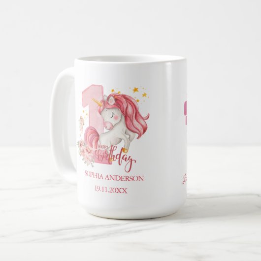 ユニコーン 1歳の誕生日 ピンクの女の子 コーヒーマグカップ (正面左)