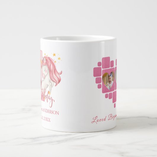 ユニコーン 1歳の誕生日 ピンクの女の子 ジャンボコーヒーマグカップ (正面)