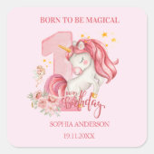 ユニコーン 1歳の誕生日 ピンクの女の子 スクエアシール (正面)