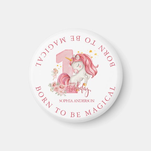 ユニコーン 1歳の誕生日 ピンクの女の子 マグネット (正面)