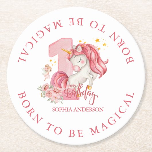 ユニコーン 1歳の誕生日 ピンクの女の子 ラウンドペーパーコースター (正面)