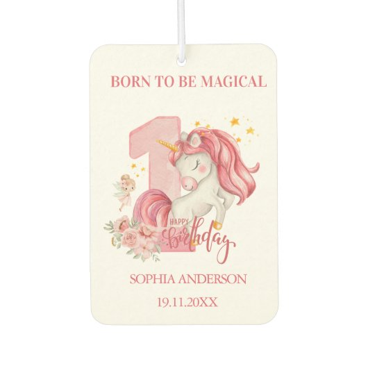 ユニコーン 1歳の誕生日 ピンクの小さな女の子 カーエアーフレッシュナー (正面)