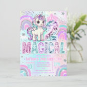 ユニコーン 2歳の誕生日 二つの魔法の虹 ラメ入り 招待状 (スタンド正面)