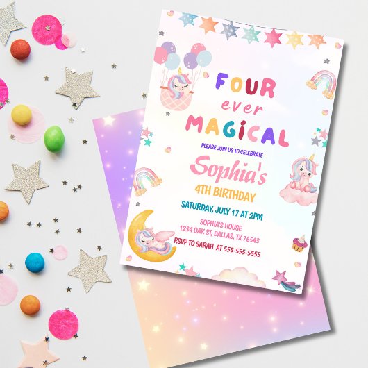 ユニコーン 4歳の誕生日おめでとう Four Ever Magical 招待状