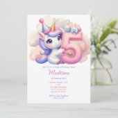 ユニコーン 5歳の誕生日 お姫様 ピンク ブルー パープル 招待状 (スタンド正面)