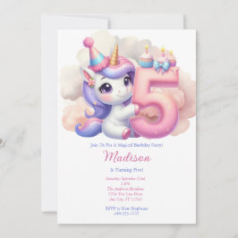 ユニコーン 5歳の誕生日 お姫様 ピンク ブルー パープル 招待状