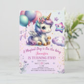 ユニコーン 5歳の誕生日 招待状 女の子 紫と金色 (スタンド正面)