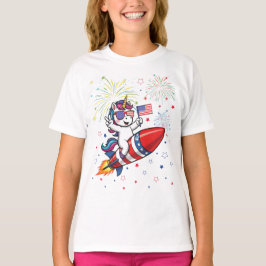 ユニコーン 7月4日 アメリカ国旗 ロケットと花火 Tシャツ